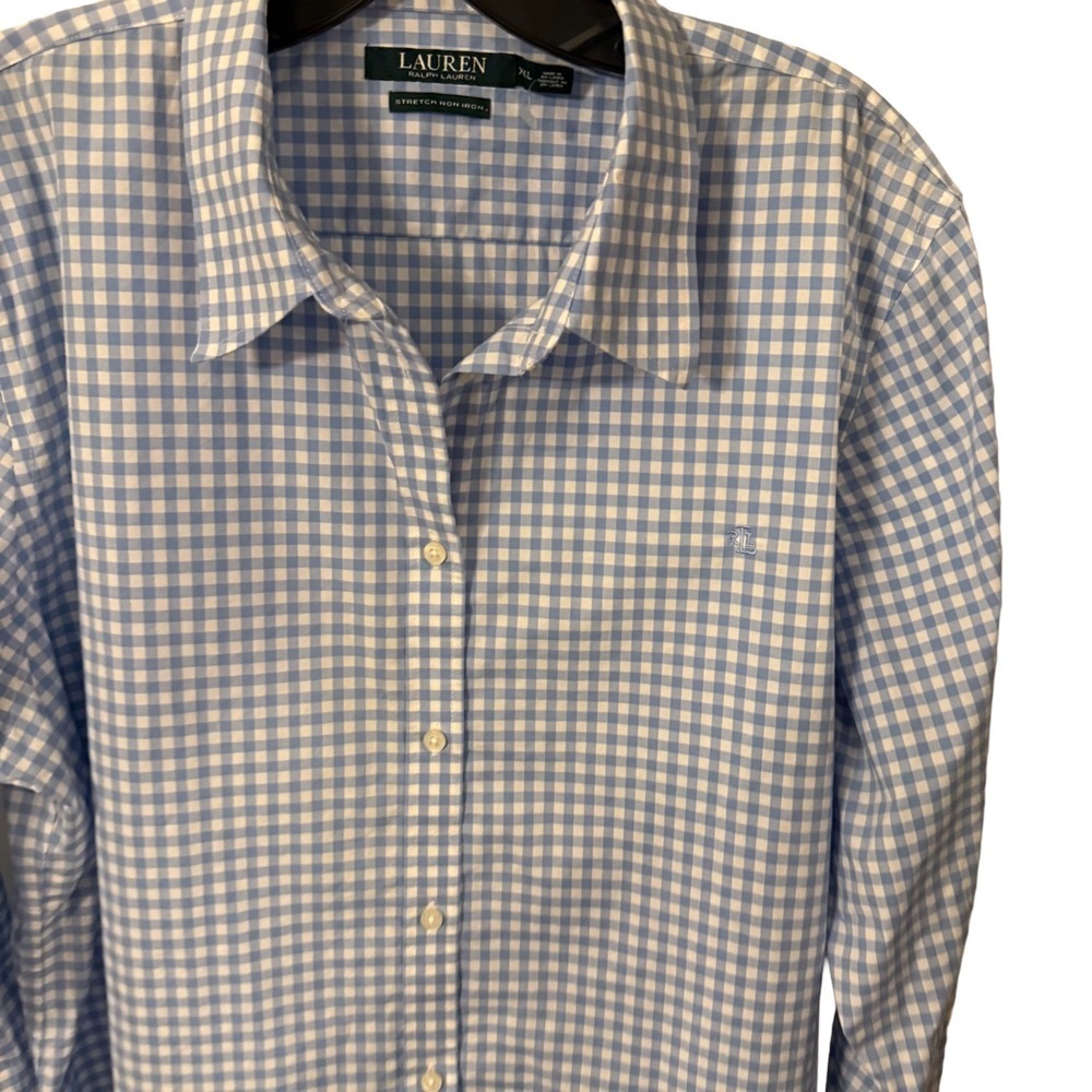 Lauren Ralph Lauren Women's Blue & White Checked Blouse 3/4 Sleeve XXL